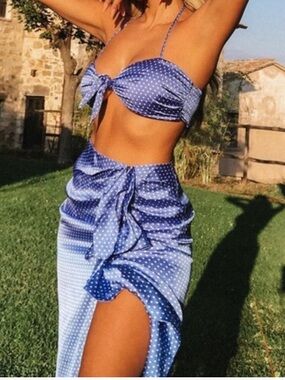 Song of Style Blue and White Polka Dot Tie-Front Top & Skirt Set